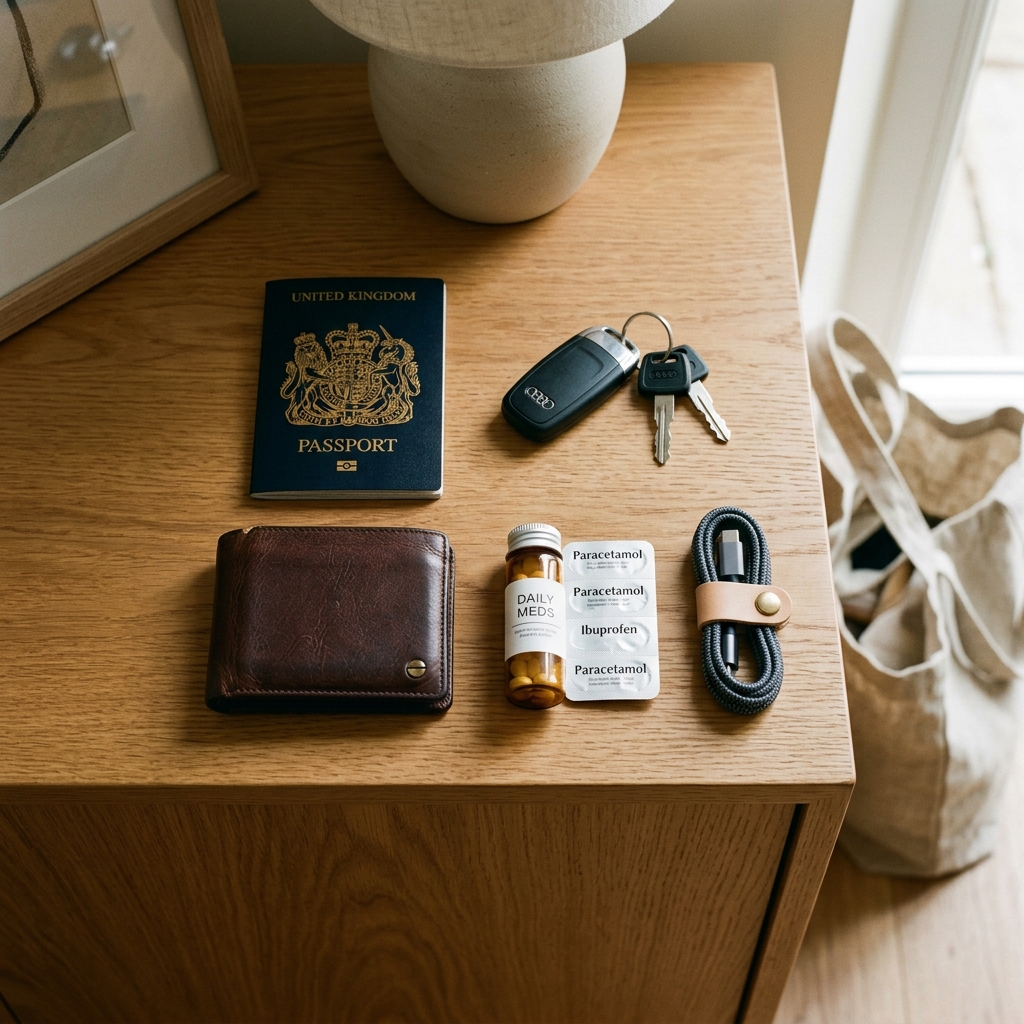 Passports, a leather wallet, car keys, daily medications, and a rolled-up phone charger neatly arranged on a console table