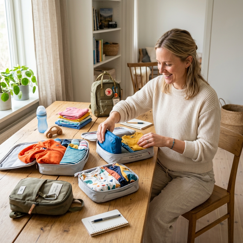 A mother neatly arranging colorful kids' clothes and travel gear into open compression packing cubes on a clean light wooden table