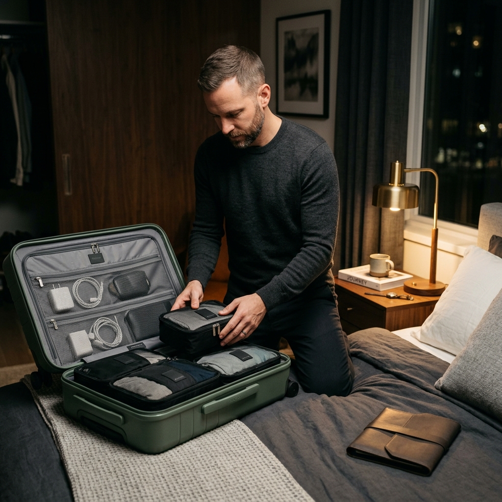 A husband carefully packing compression cubes into an open carry-on suitcase on a bed at night